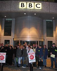 Picture of the scene outside Television Centre shortly after the start of strike action