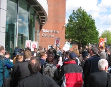 The scene at TV Centre's main entrance during strike action on May 23.