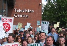Placards waved by angry BBC staff during strike on May 23.