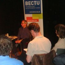 Picture of Ken Loach talking to BECTU members at the Drill Hall, London on 16 October 2009.