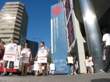 Locked-out union members picket CBC's HQ in Toronto.